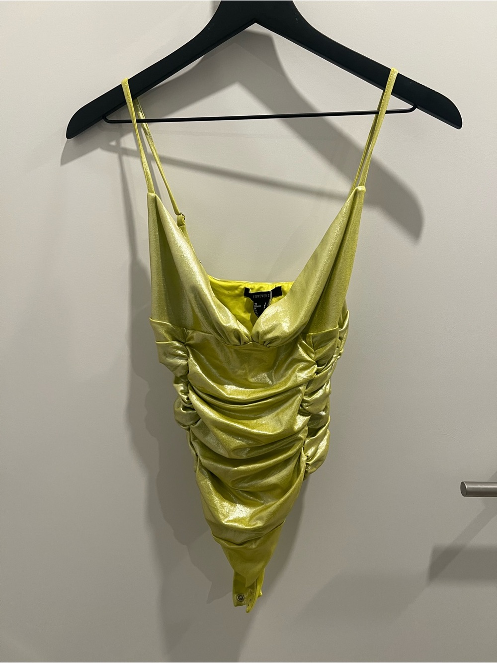 Forever 21 Shimmery Lime Green Ruched Satin Bodysuit